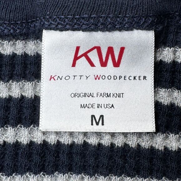 Knotty Woodpecker Farm Knit Thermal Womens Medium Blue Cream Striped Made in USA - Picture 6 of 10
